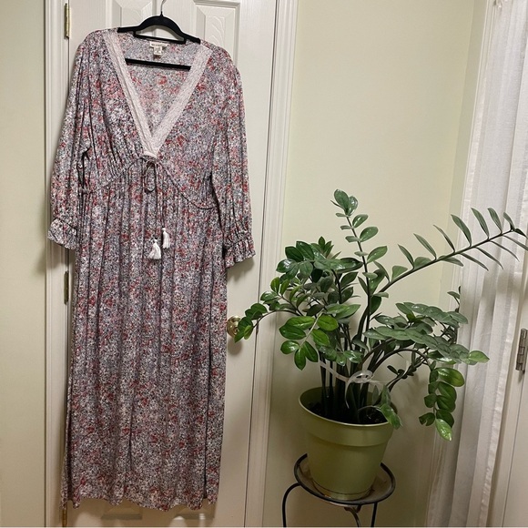 Sky and Sand Floral Lace Trim Tie Waist Puff Sleeve Long Maxi Dress Plus 2X - Picture 2 of 10